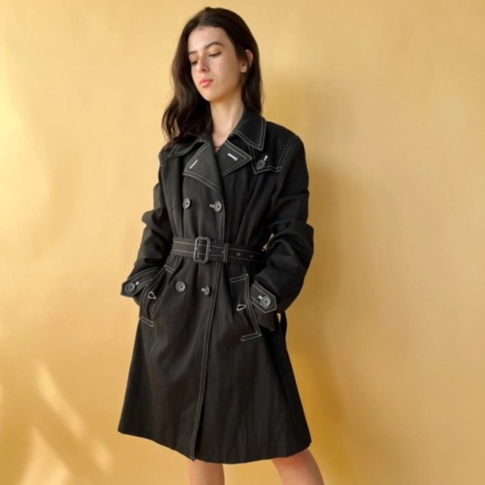 Banana Republic Womens Trench Coat Jacket Black Contrast Stitch XS